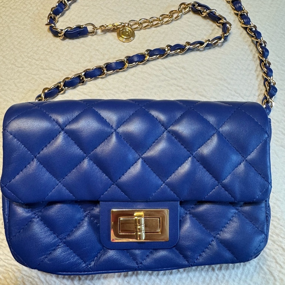 G by Giuliana Blue Quilted lambskin leather shoulder or Belt Bag with Chain NWOT